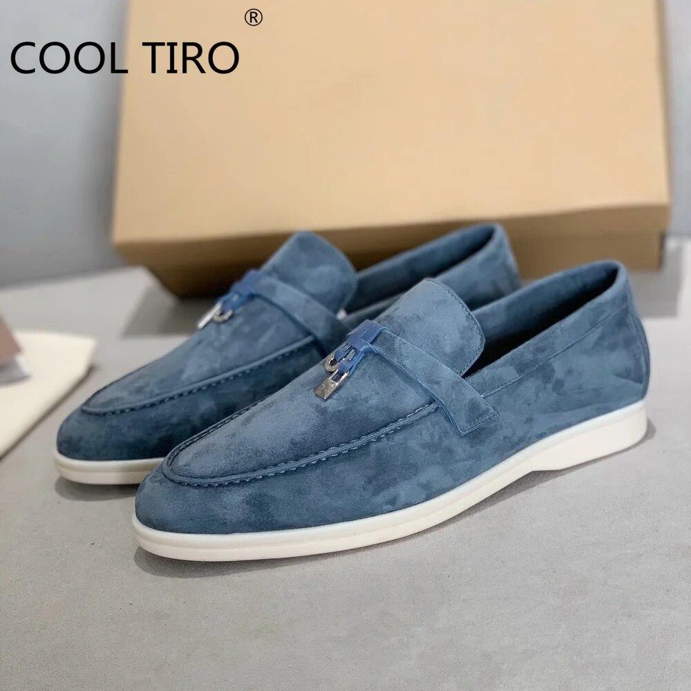 Woman Flat Shoes Slip On Women Loafers Leather Metal Lock Blue Suede Moccasins Mules Casual Driving Shoe Summer Walk Shoes Femme
