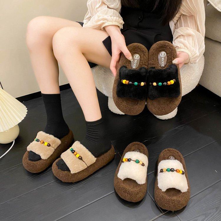 Internet Celebrity High-end Thick-bottomed Fluffy Slippers Women's Wear 2025 Autumn and Winter New Warm Beaded Cotton Slippers