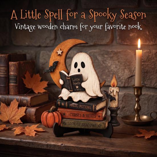 Oggetti di Scena Fotografici Stagionali Autunnali, Statuetta Fantasma Lettore di Halloween, Statua in Legno Retrò, Ornamento Decorativo Vintage per Scrivania e Libreria con Libri Impilati per