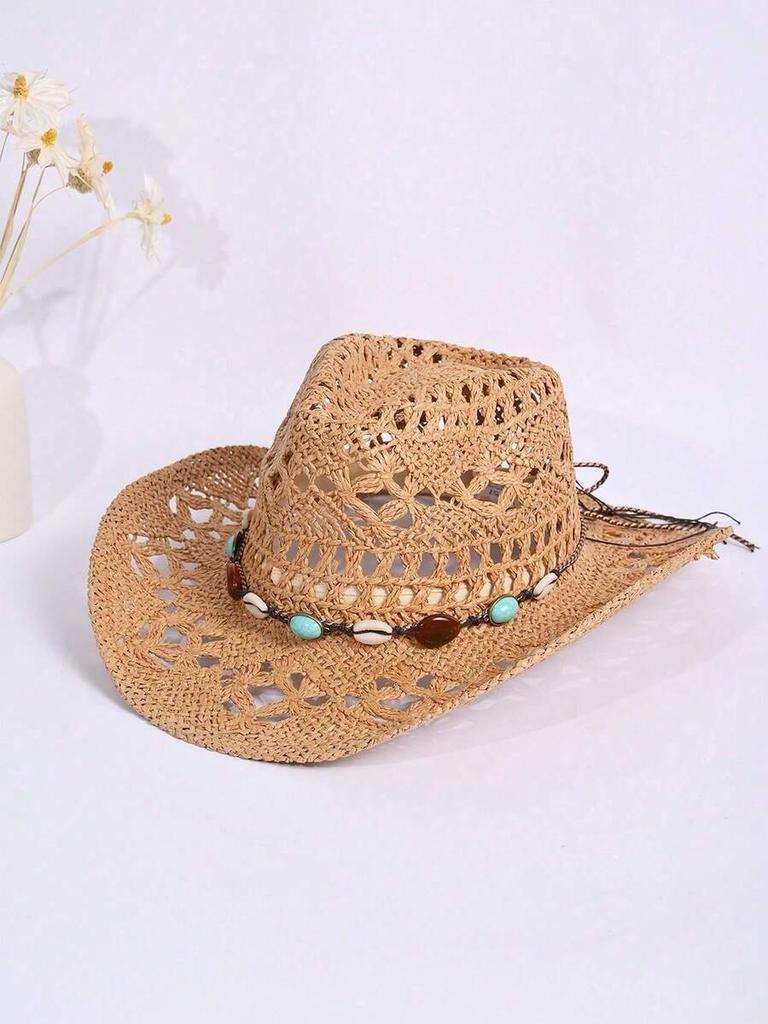 Unisex Straw Cowboy Hat With Beaded Decoration Breathable For Beach Camping Outdoor