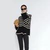 Women Fall Winter Sweater High Collar Neck Protection Contrast Color Striped Print Loose Knit Long Sleeve Split Hem Soft Warm Lady One Size Sweater