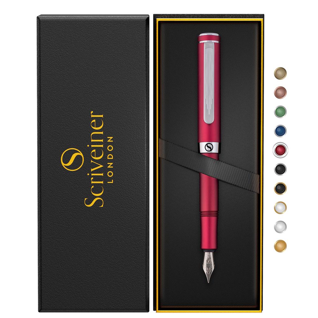 Scriveiner Premium EDC Fountain Pen Stunning Matte Red Pocket Pen with Chrome Schmidt Perfect Writing Instrument Gift Set for Men Stylish Office
