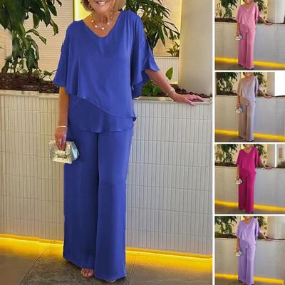 Women's Summer Two Piece Outfits V-neck Irregular Layered Hem Top Wide Leg Pants Set Casual Loose Lounge Suit