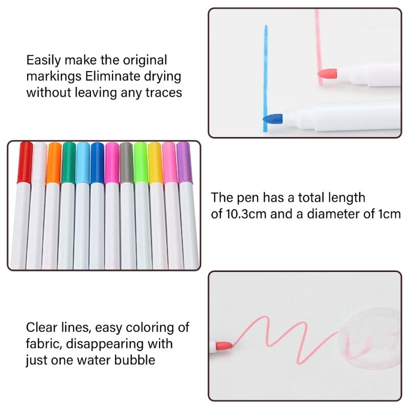 12 Colors Fabric Marker Pen Disappearing Erasable Pen Water Soluble Pen Fabric Marking Pen Sewing Supplies for Quilting