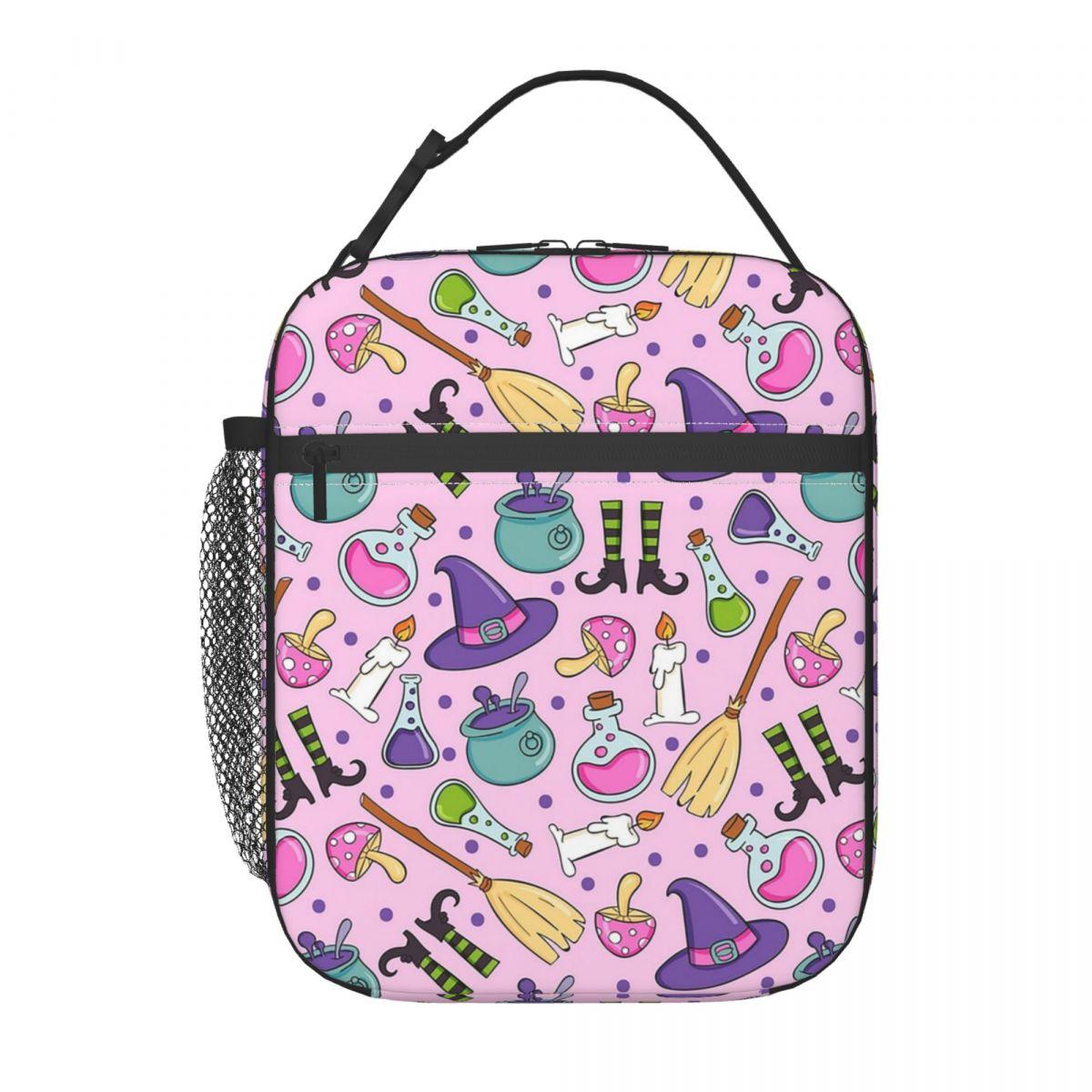 Cute Witches Halloween Element Pattern Insulated Lunch Bag for Women Children Portable Food Boxes Thermal Lunch Box Tote One Size