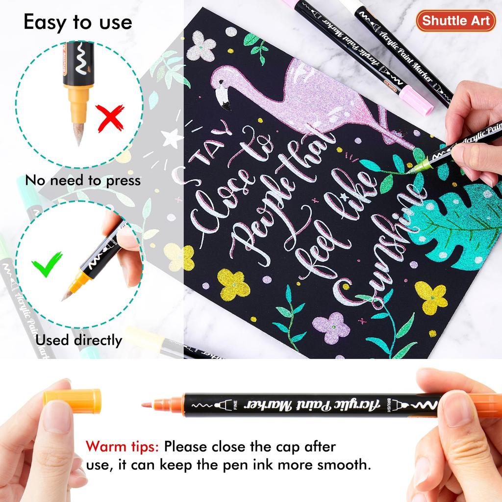 Shuttle Art Acrylic Metallic Color Brush and Fine Tip Twin Pen 28 Sparkling Glitter Acrylic Paint for Writing on and Handmade Art Gift Markers, Pens,