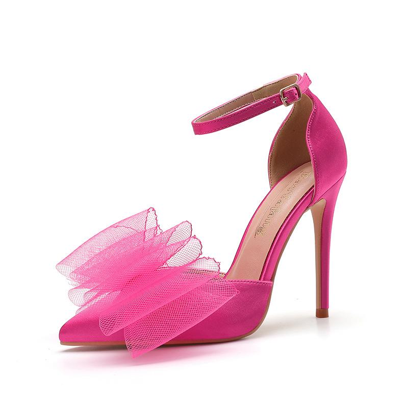 

2025 direct sales new lace asymmetrical bow pointed sexy high heels fairy socialite banquet shoes wedding shoes 43