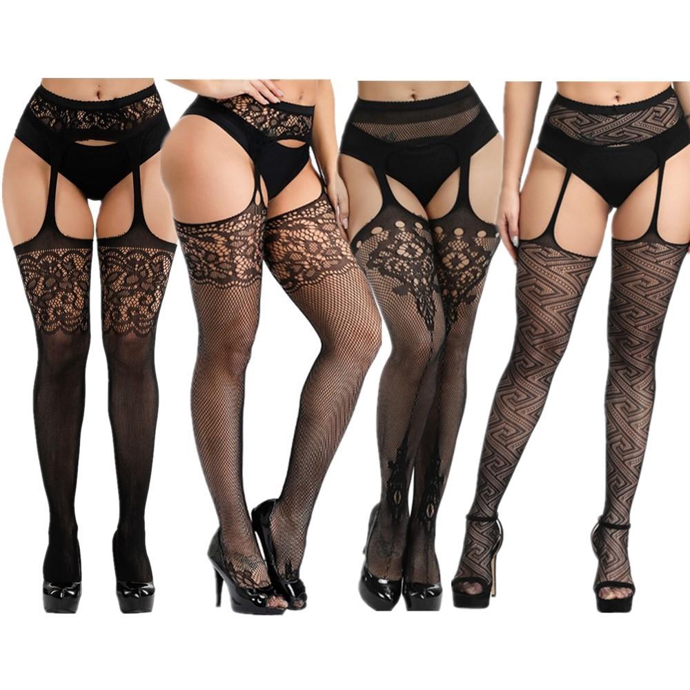 4 Pcs Pantyhose Fishnets Sexy Thigh-High Stockings Suspender Stockings For Women Garter Belt Stockings Hollow Out Pattern Tights