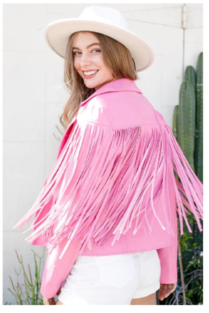 Women Lambskin Barbie Jacket Party Fringed Pink Design Handmade Suede Leather