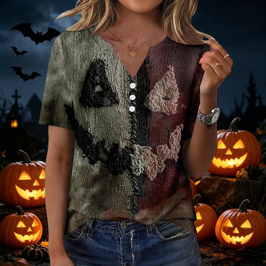Women's Halloween Print Loose Fit V Neck Short Sleeve Top with Pocket Casual Shirt for Everyday Wear