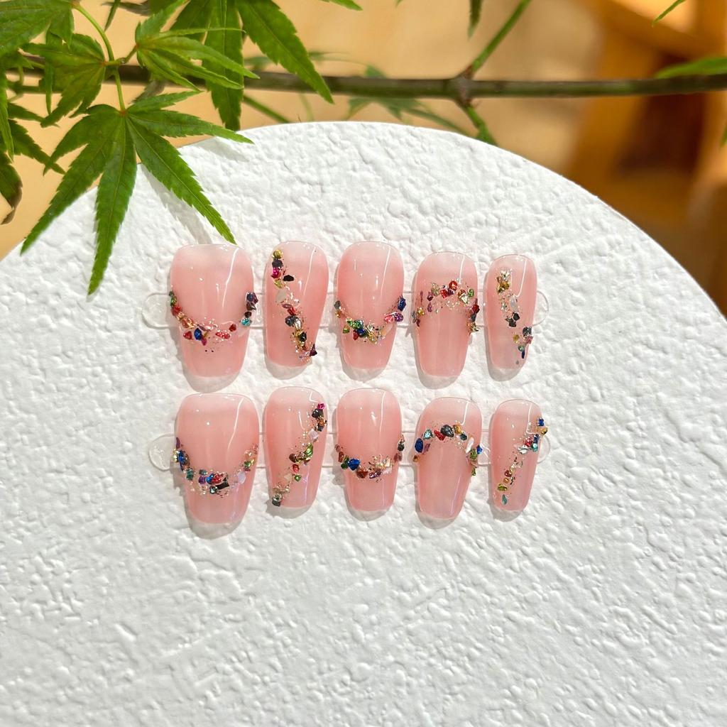 Short Press‑On Nails Handmade Summer Fairy White Gentle Color Stone False Nail Patches