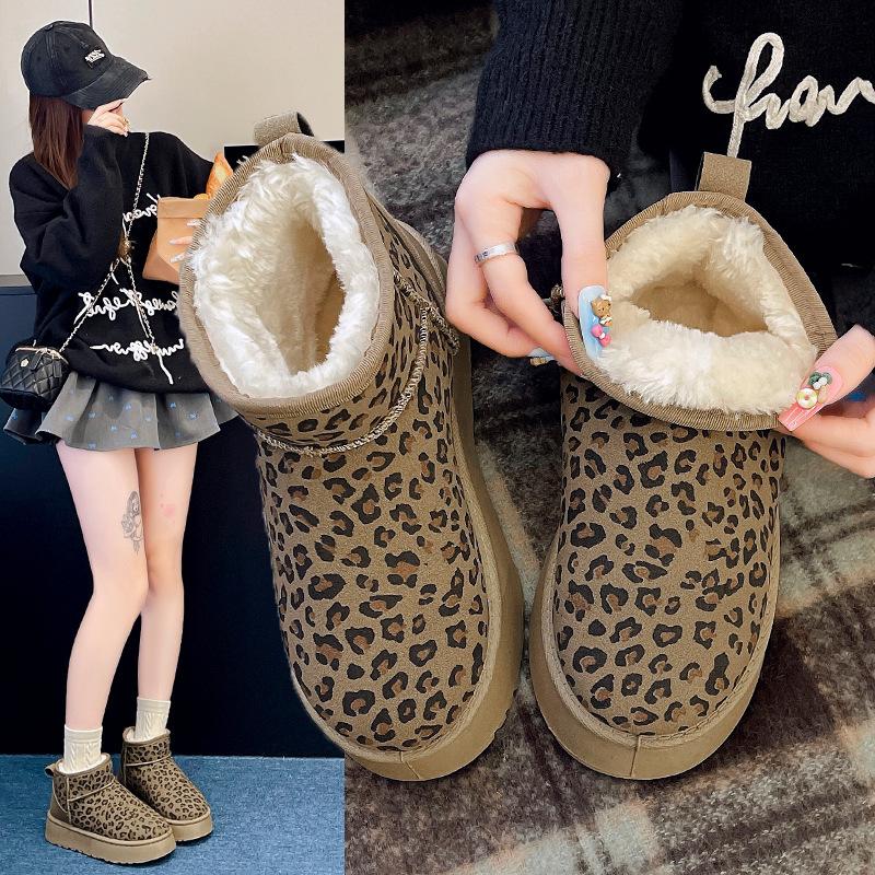 Winter snow boots women's short tube thickened bread shoes velvet warm leopard print cotton boots