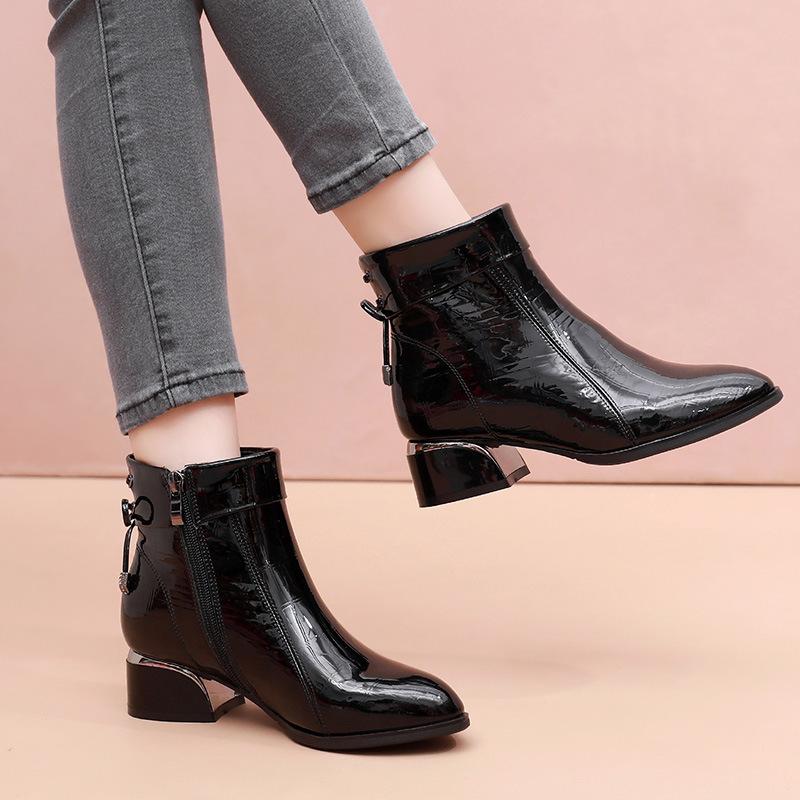 GKTINOO New Ankle Boots Women Pointed Toe Thick Heels Genuine Patent Leather Shoes Short Boots Soft Sole Footwear Plus Size 43