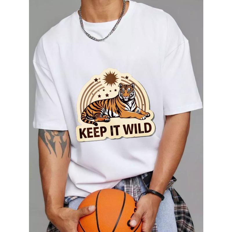 Cotton T Shirt White Tiger and Stars Keep It Wild Print Casual Wear for Men and Women Outdoor Adventure Style