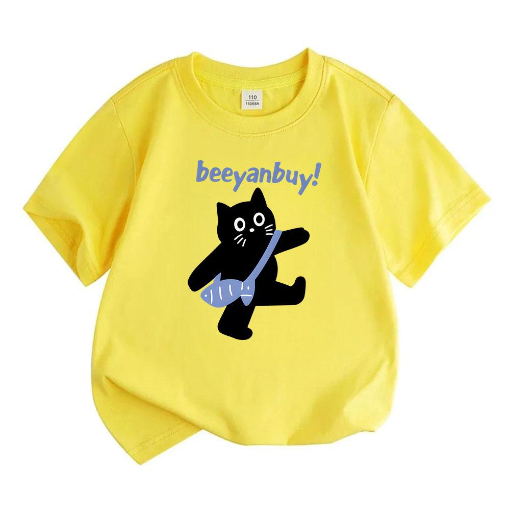 Kids Boys Girls 100% Cotton Crew Neck Short Sleeve T-Shirt, Casual Cute Black Cat Carrying Fish Bag Printed Soft Comfortable Tee Top for Daily Outdoor
