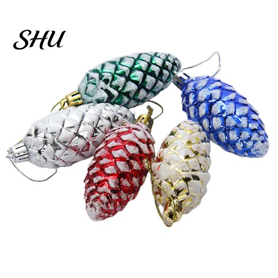 Pine Cone Hanging Ornament 5Pcs Christmas Plastic Colorful Shiny Glitter Pendant for Holiday Party Classic Shape Scene Layout Tree Decoration