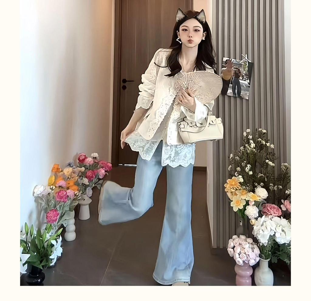 Stylish Women's Chinese-Style Vest & Lace V-Neck Long Sleeve Blouse Set