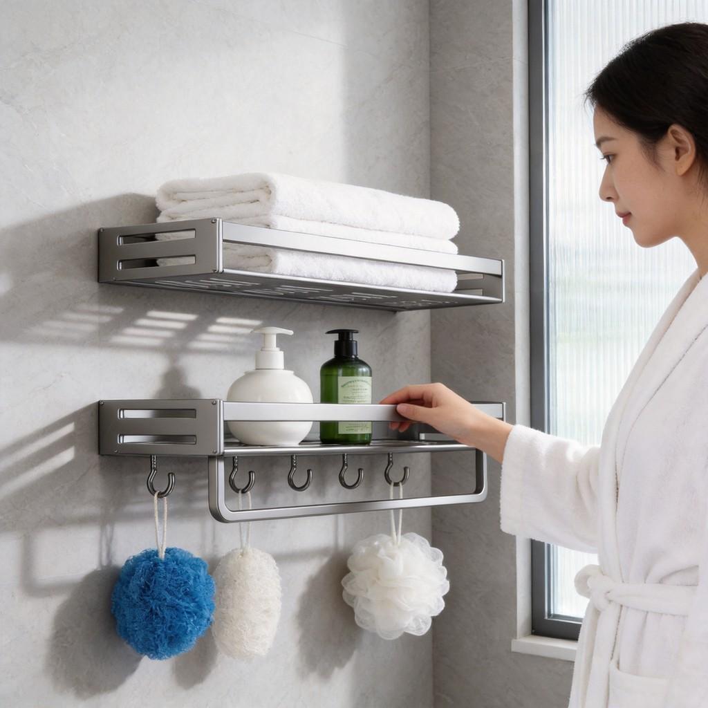 Space Aluminum Bathroom Wall Shelf With Hooks And Oxidized Finish For Toilet Storage