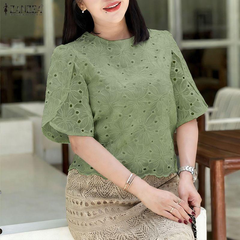 ZANZEA Women Casual Round Neck Short Sleeve Hollow Crochet Patchwork Blouse