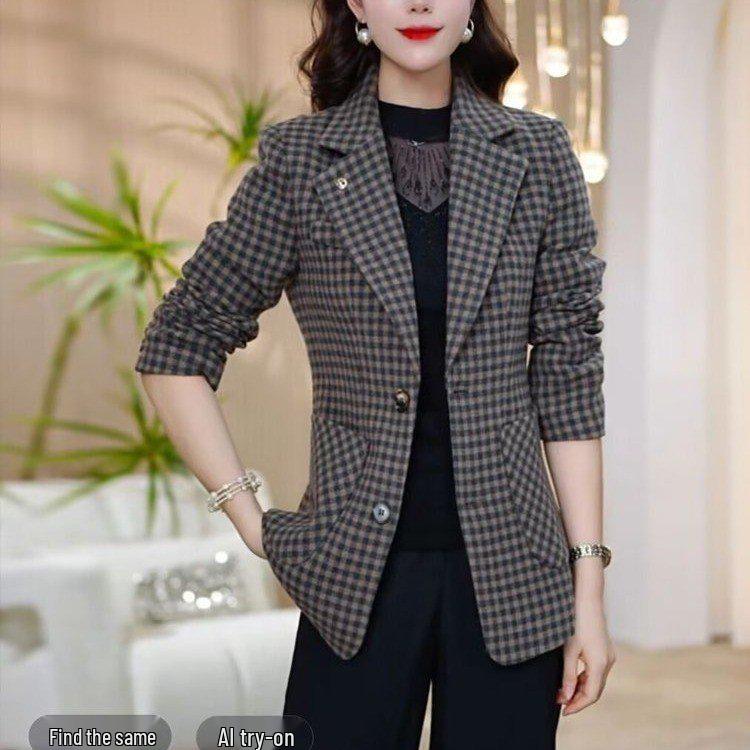 

Spring/Autumn Plaid Cardigan Suit Jacket for Middle-aged and Elderly Women 3XL: suitable for 135-145 jin