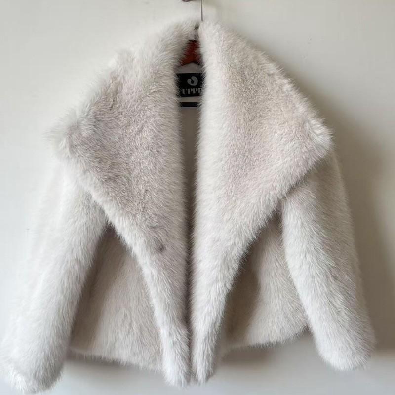 Damen Reverskragen Langarm Kunstpelzmantel Lockerer Schnitt Streetwear Pelzjacke