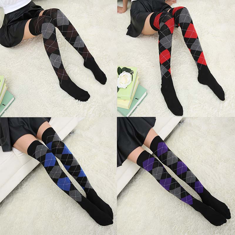 New Vintage Style Women's Socks Diamond Plaid Over Knee Socks Student Casual Stockings Party Dance Socks
