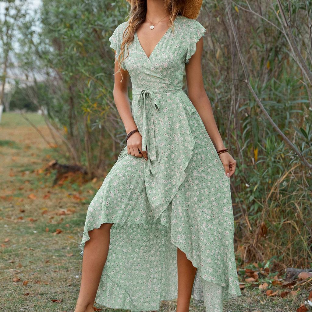 Women New V-neck Bohemian Vacation Style Slim Tie Dresses