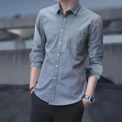 Men's Gray Long & Short-Sleeved Slim-Fit Non-Iron Oxford Shirt for Spring, Summer, and Autumn Business Casual Wear