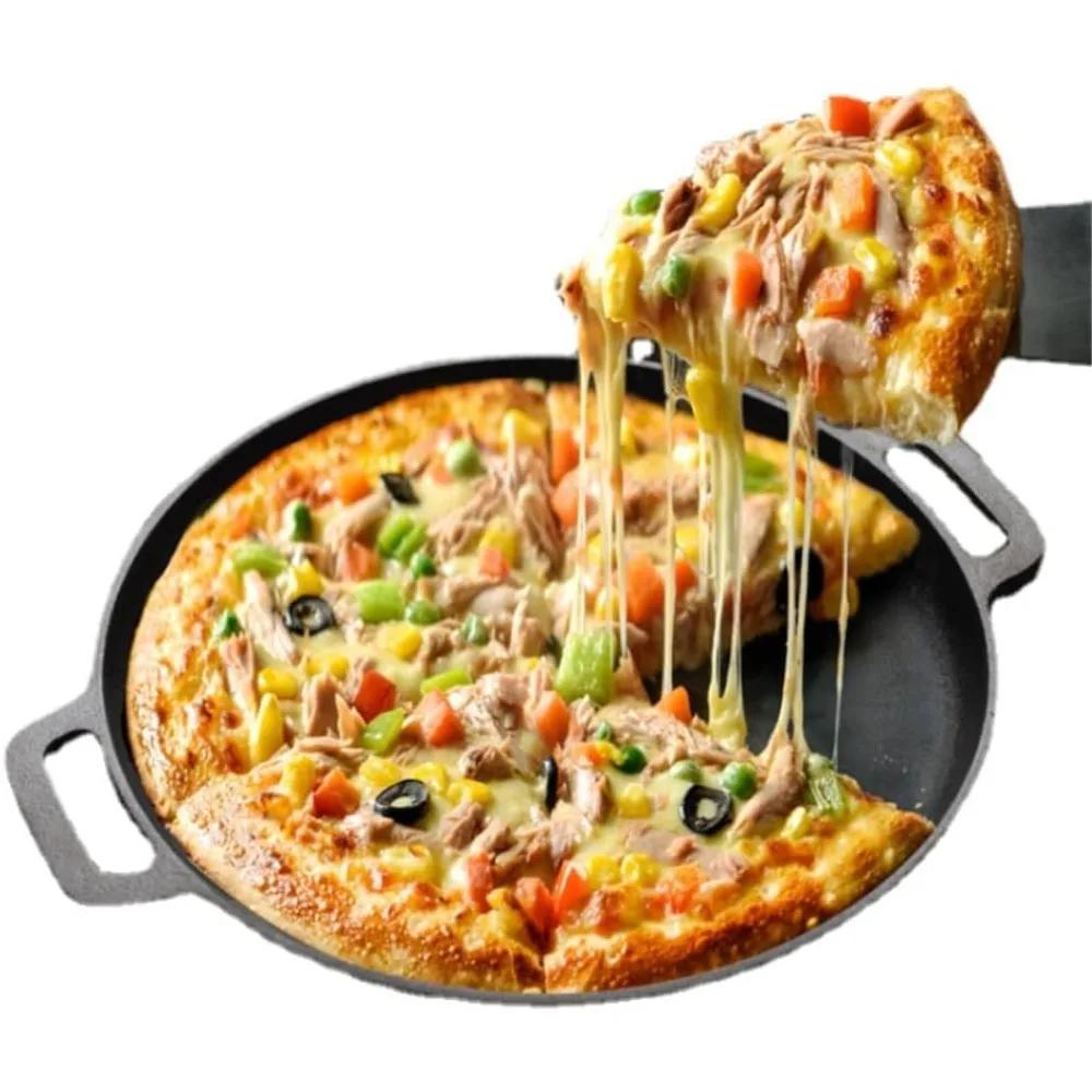 1Pcs Round Double Handle Cast Iron Frying Pan Grill Pancake Pizza Pan Kitchen Cooking Pan for Camping Pancakes and Pizza