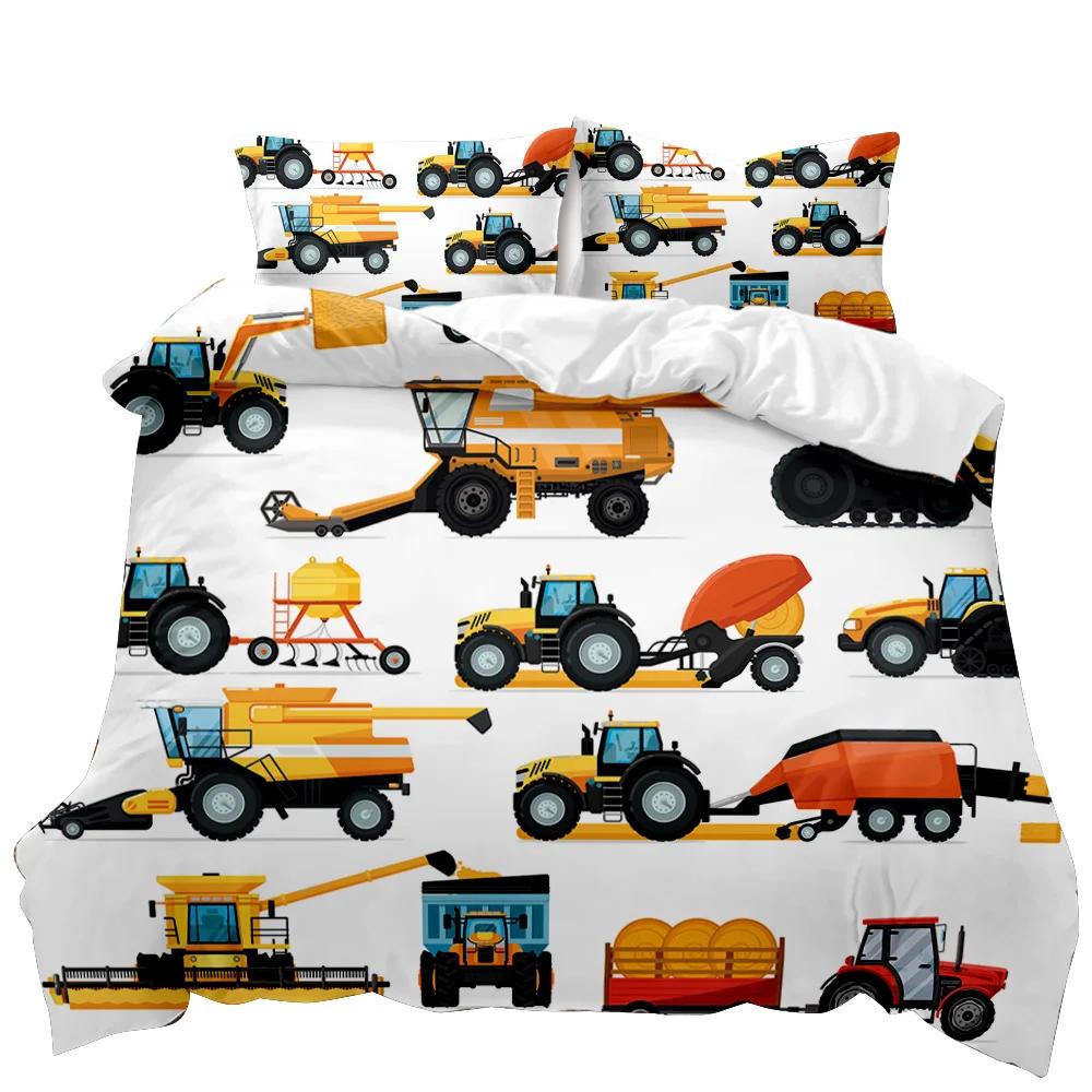 Engineering Car Duvet Cover Construction Vehicle Bedding Set Boys Excavator Dump Truck Cement Mixer Roller Polyester Qulit Cover
