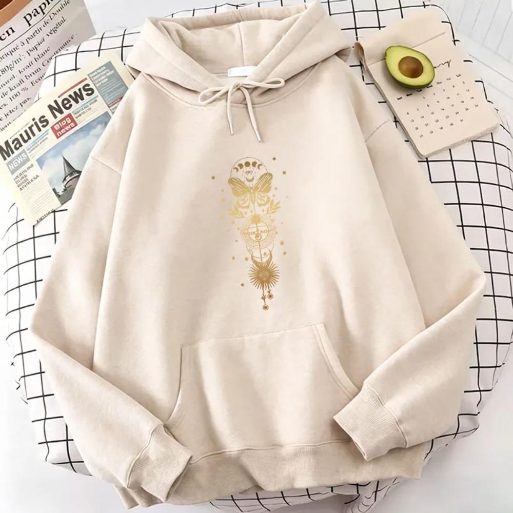 Vintage Butterfly with Moon Graphic Print Hoody Spring Autumn Winter Long Sleeve with Pocket Casual Hoody Loose Women Sweatshirt