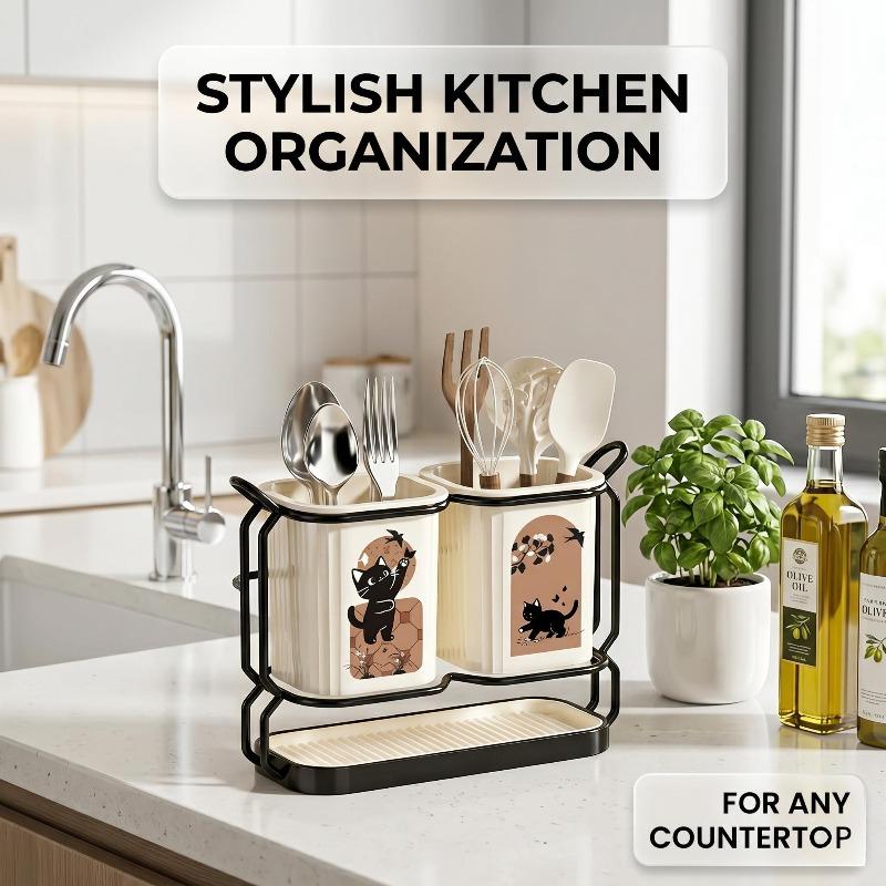 Two-tone carbon steel cutlery rack with cat print, dual installation ways and drip tray, stores knives and kitchen utensils.