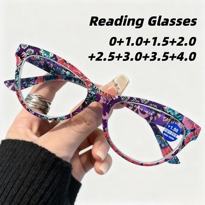 Womens INS Cat-Eye Presbyopia Glasses Floral Print Anti Blue Light Reading Glasses Diopter 0 To +4 0 Fashion Eyewear