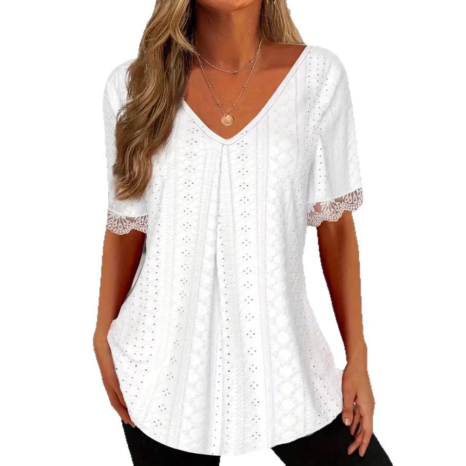 

2025 European Women s V-Neck Lace Patchwork Knit T-Shirt 2XL білий