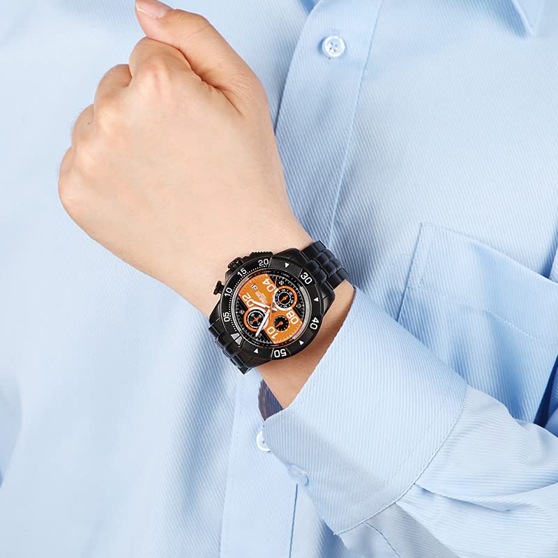 TIME100 Analog Watch with Black Case and Orange Waterproof and Sports Watch Men's Battery-Operated Dial, Easy-to-Read