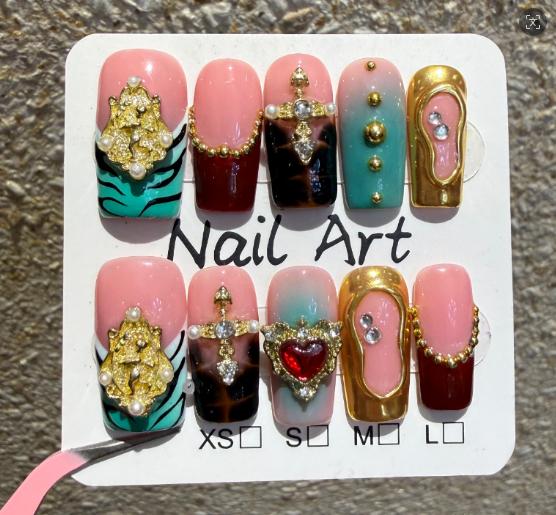 10Pcs Long Coffin Sweet Cool Handmade Nails Tips French Metal Rhinestone Stick on False Nails Shiny Stars Wearable Manicure Set