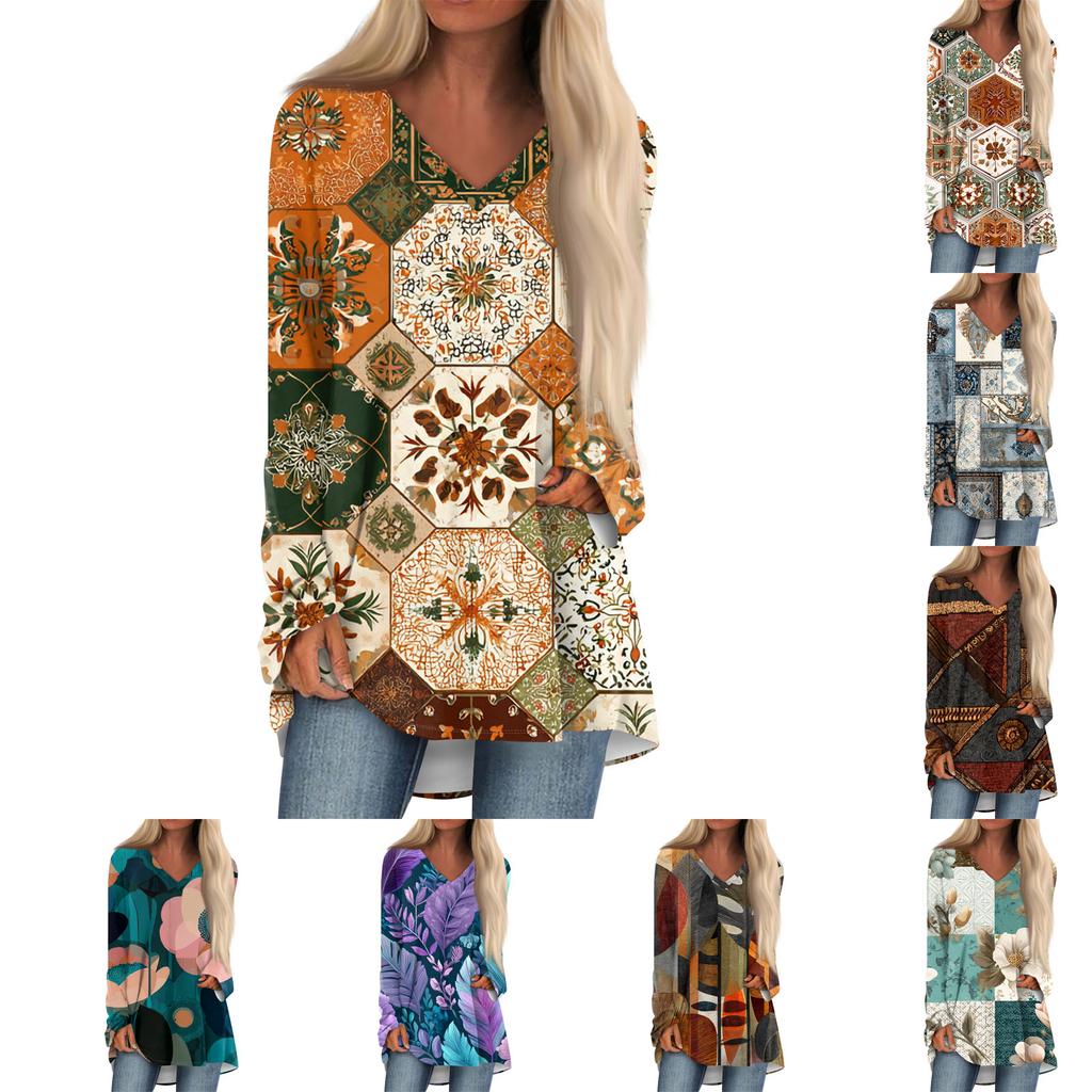 Modieuze casual damestop met lange mouwen, retroprint, V-hals en middellange lengte