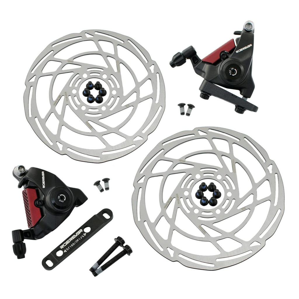 RIDEREVER Flat Mount Mechanical Disc Brake Set 160mm Black x RD2321 MCX-2 Dual-piston w/ Rotors, Red,