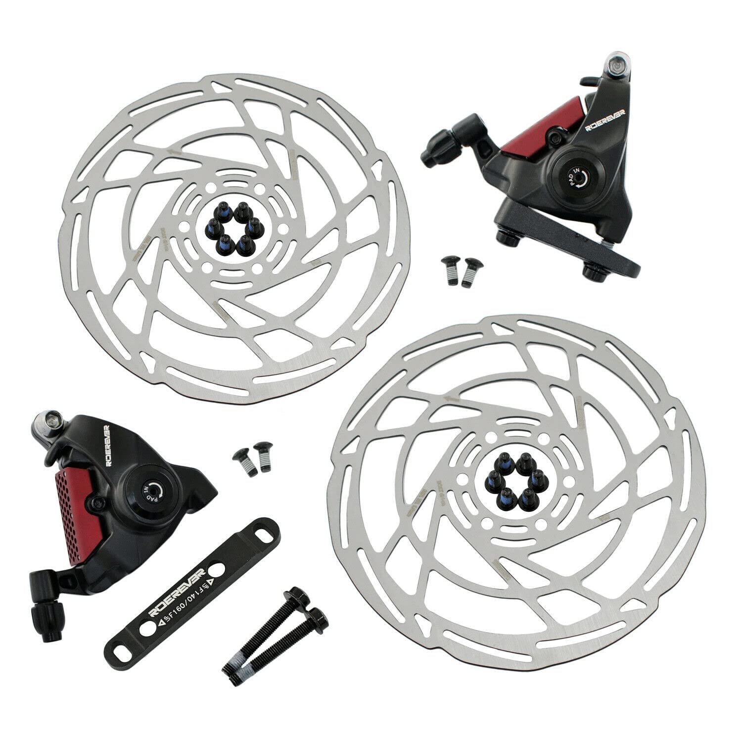 

RIDEREVER Flat Mount Mechanical Disc Brake Set 160mm Black x RD2321 MCX-2 Dual-piston w/ Rotors, Red,