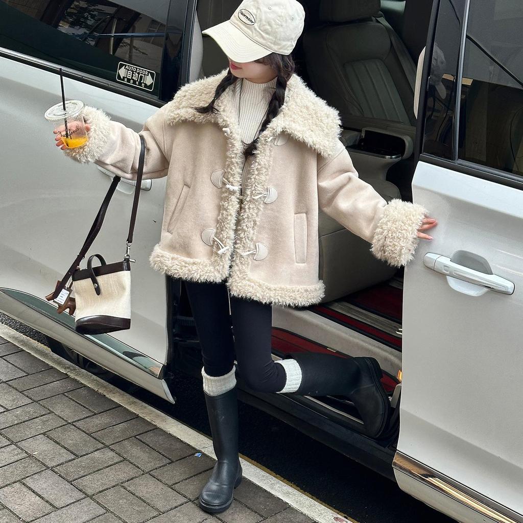 2025 Girls' Autumn/Winter Fleece-Lined Leather & Fur Coat - Stylish One-Piece for Kids