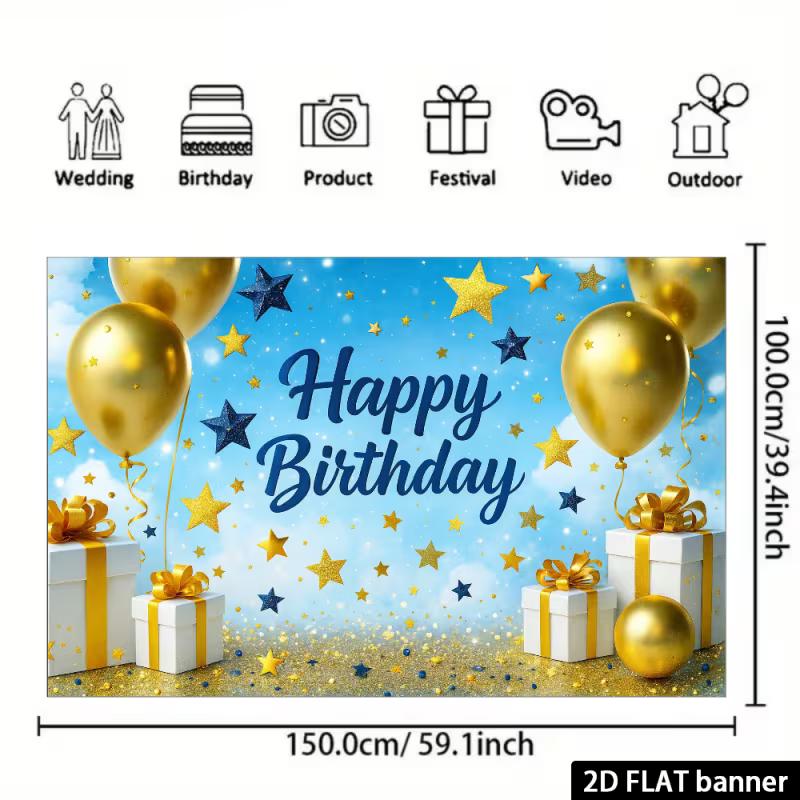 Jungen Blau Gold Geburtstag Wandteppich, "Happy Birthday" mit Sternen Glitzer und Ballons für Fotokabine