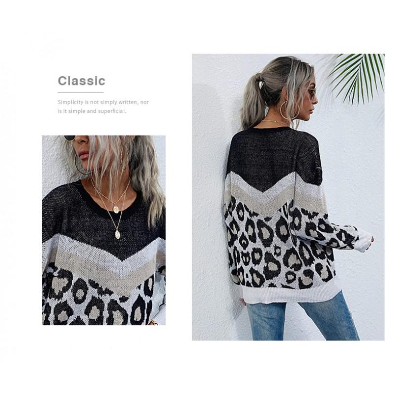 Womens Loose Fit Long Sleeve Knit Sweater With Leopard Print Round Neck Casual Korean Style