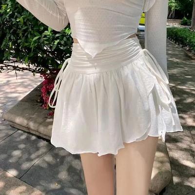 Korean Summer White Mini Skirts Ladies High Waist Irregular Drawstring Pleated Skirt Girly Style All-Match Short Skirts