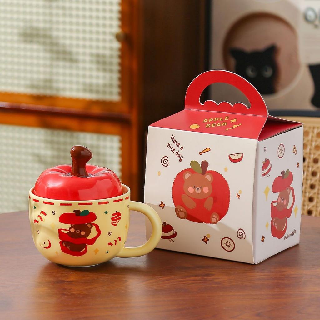 Creative Apple Ceramic Mug with Lid Retro Drinking Cup High Appearance Level Home Breakfast Cup Coffee Cup Souvenir