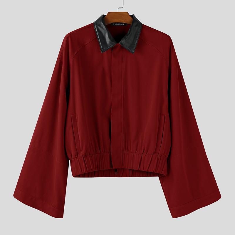 INCERUN S-5XL Men Stitching Collar Zipper Up Long Sleeve Loose Cargo Jackets Coats