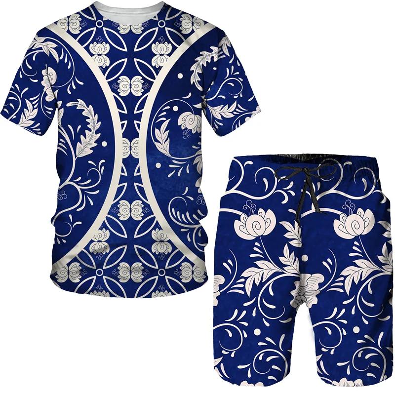 Summer Men's Luxury Golden Pattern T-Shirts/Shorts/Sets Vintage 3D Printed Two Piece Suit Fashion Jogger Male Streetwear Clothes