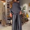 An Elegant Off-the-shoulder Top Paired with A Satin Wide-leg Pants Two-piece Set