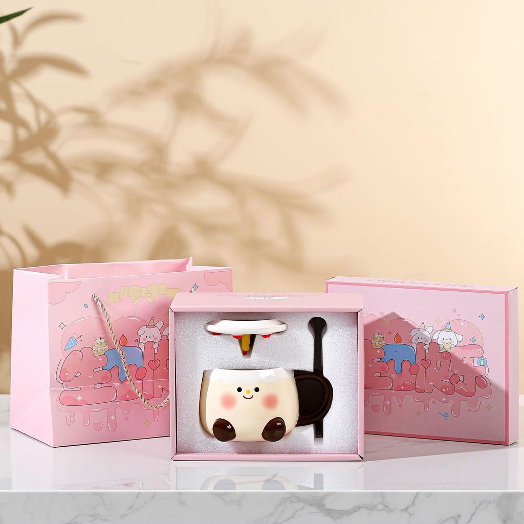 Birthday Gift Girl Cup Ceramic High Looking Mug with Lid Home Cute Coffee Drinking Water Cup Creativity