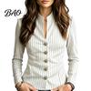 Women Slim Fit Blazer Stand Collar Striped Blazer, Single-Breasted Casual Jacket Blouse Top, Office Business Outerwear Slimming Waist Coat