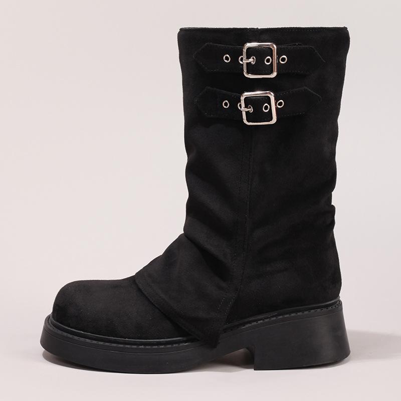 Pants mid-tube boots fashionable one-pedal elastic women's boots 2025 new round head thick-soled suede thin casual boots